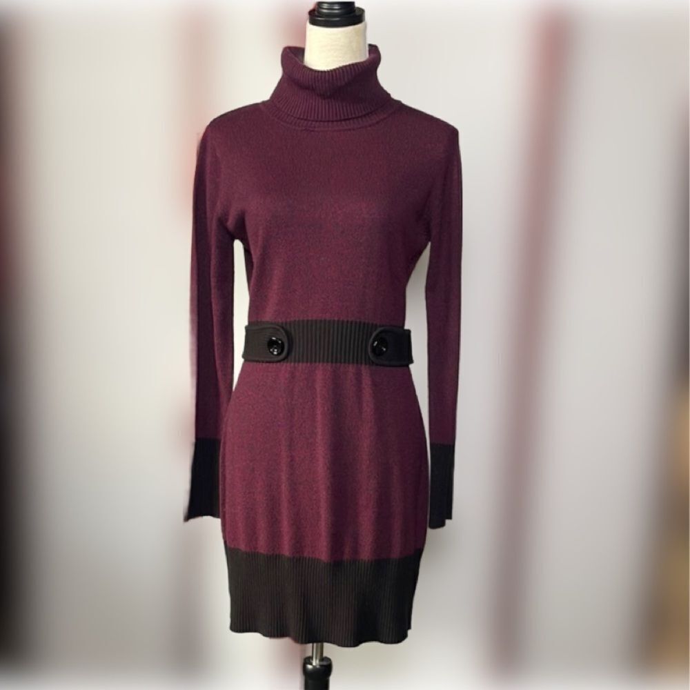Iz Byer Elegant Burgundy Red & Black Long Sleeve Turtleneck Sweater Dress (LG)